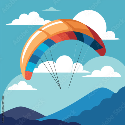Paragliding illustration over mountains with blue sky and clouds.
