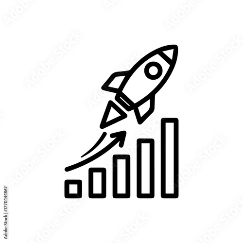 Rocket launch icon with bar graph showing growth, a symbol of business success and startup