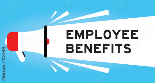 Color megaphone icon with word employee  benefits in white banner on blue background