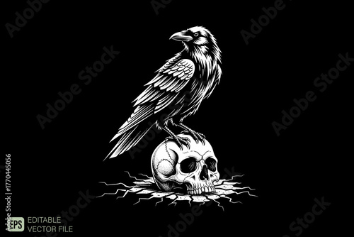 Intricate Raven Perched on a Human Skull in Monochrome.