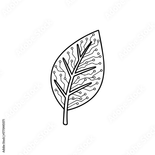 A leaf with a circuit board pattern represents the fusion of nature and technology