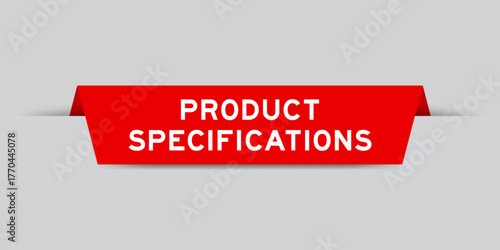 Red color inserted label with word product specifications on gray background
