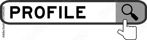 Search banner in word profile with hand over magnifier icon on white background