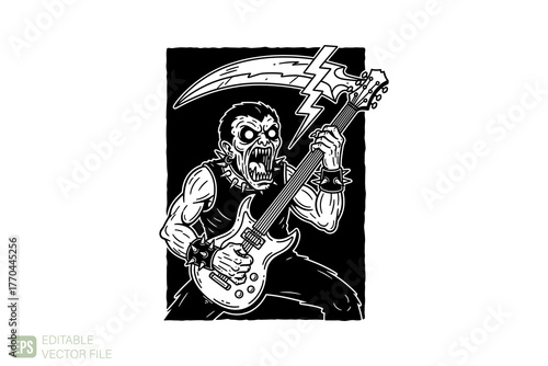 Vampire Rocker with Scythe Guitar Unleashes Heavy Metal Fury.