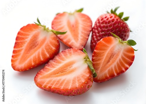 A macro shot captures sliced, fresh strawberries, revealing their vibrant red flesh and juicy texture, perfect for illustrating healthy, sweet summer food