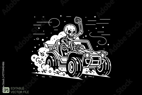 Skeleton Driving Off Road Buggy with Raised Fist.