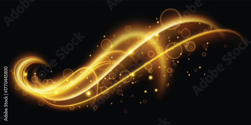 Gold horizontal lensflare. Light flash with rays or gold spotlight and bokeh. Yellow glow flare light effect. Vector illustration. Isolated on dark transparent background.