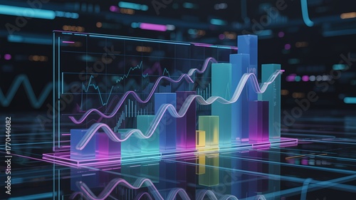 Glowing abstract financial dashboard with 3D neon charts