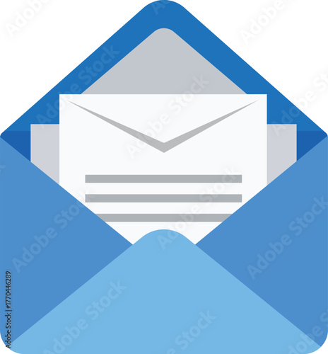 Open blue envelope with white letter inside and gray lines mail communication