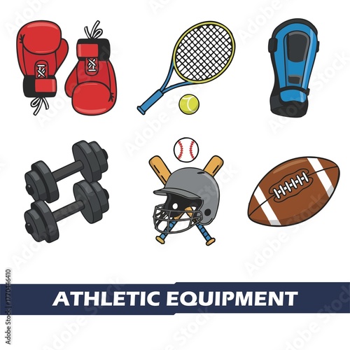 🎾 Sports equipment icon set vector illustration featuring tennis racket, ball, and other game symbols