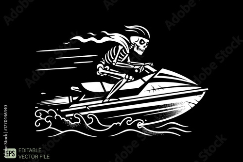 Skeleton Riding Jet Ski Vector Illustration in Black and White.