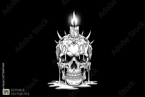 Skull with Burning Candle and Spikes in Dark Ambiance.