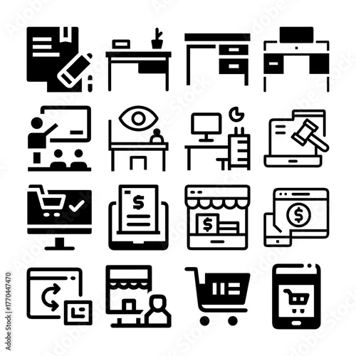 Office, E-commerce, & Finance Icon Set: Workplace, Online Shopping, Education, and Desktop Graphics