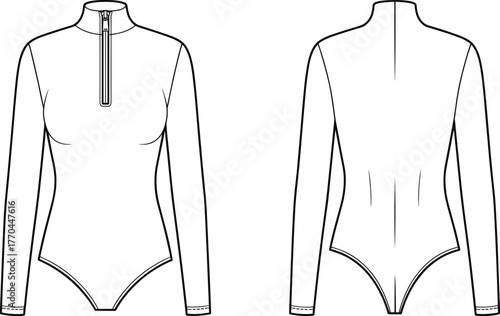 Long-sleeve bodysuit sketch, front and back view, high neckline, zipper detail, fashion illustration, cad drawing, flat vector, garment design
