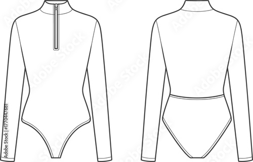 Long-sleeve bodysuit sketch, front and back view, fashion illustration, zipper detail, high neckline, cad drawing, flat vector, garment design