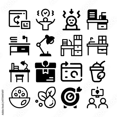 Ultimate Business, Wellness & Tech Vector Icon Bundle | E-commerce, AI, Home Office, Healthy Food, Strategy, and Digital Service Glyphs