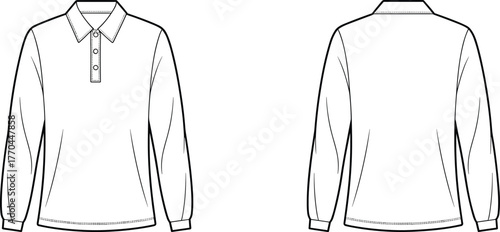 Long-sleeve polo shirt technical flat sketch front and back, collar and button placket, fashion design, cad drawing vector illustration