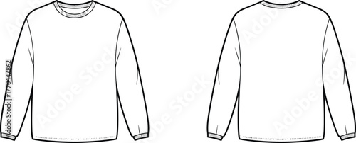 Long-sleeve crew neck shirt technical flat sketch, front and back view, fashion design, garment construction, cad drawing vector illustration