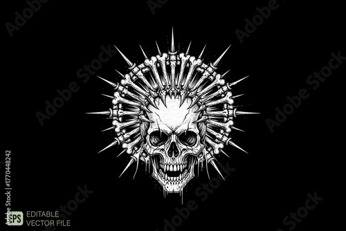 Intricate Skull Design with Bone Crown on Black Background.