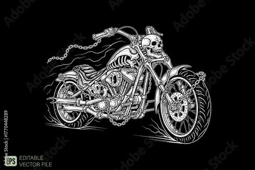 Monochrome Skull Motorcycle Illustration with Chain Details and