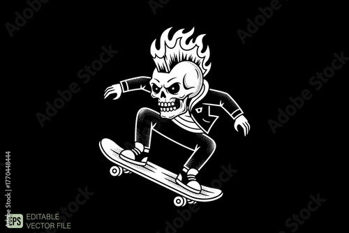 Flaming Skull Skateboarder in Punk Rock Style.