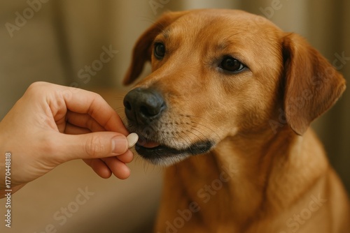Dog receives a pill from owner's hand during a caring moment in a warm home environment
