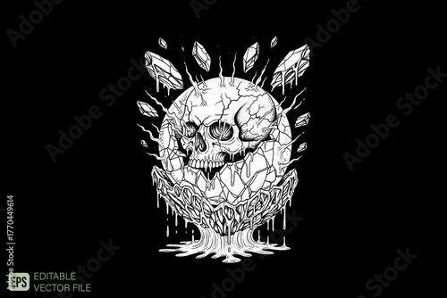 Skull in Cracked Sphere with Roots and Dripping Liquid.
