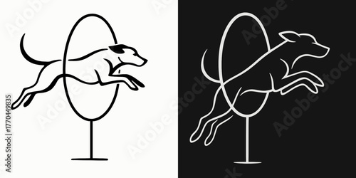 Dog jumping through hoop in minimalistic black and white design  