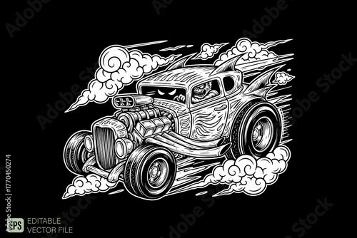 Vintage Hot Rod Car with Flames and Smoke.
