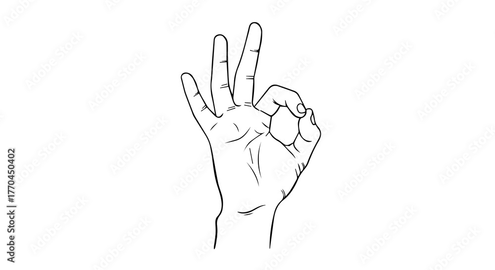 Obraz premium “OK” Hand Gesture Line Drawing with Circular Fingers and Extended Pose expressing Pefection