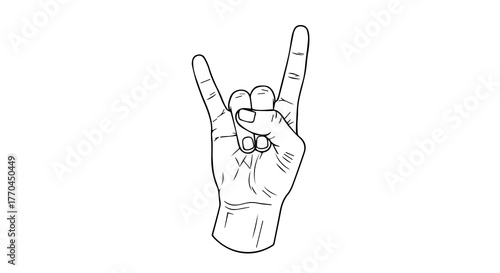 “Rock On” Hand Gesture Line Drawing with Extended Horns and Folded Fingers