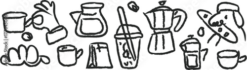 Minimalist coffee and croissant doodle icon set Chalk and charcoal style line art illustrations of coffee cups and croissants, perfect for cafe menus, decor, or prints.