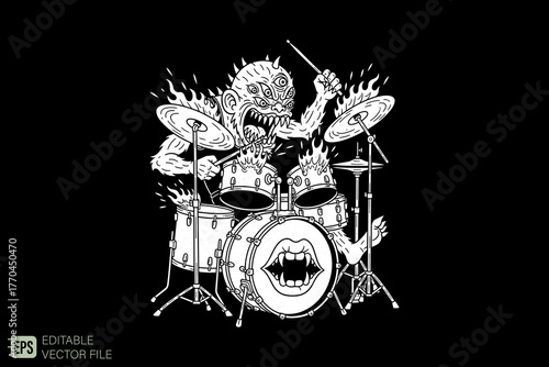 Monstrous Drummer Unleashes Fiery Rock and Roll Performance.