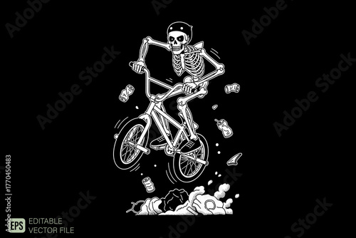 Skeleton Riding BMX Bicycle with Debris Flying Around.