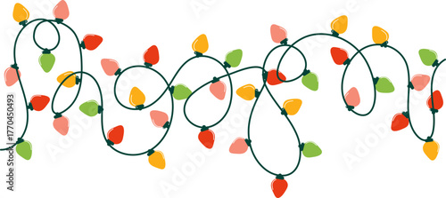 Bright colorful Christmas lights garland in cozy festive style isolated on transparent background. Cute hand drawn illustration for holiday decoration, greeting cards, posters and Christmas design. 