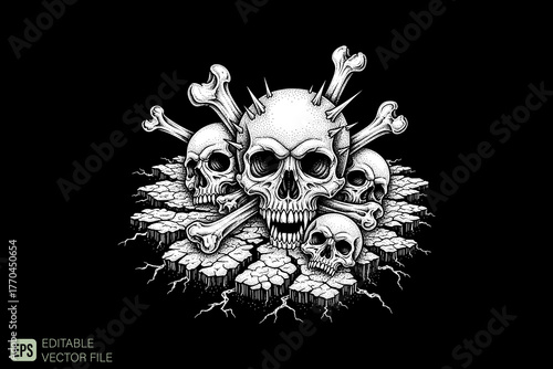 Pile of Skulls and Bones on Cracked Earth.