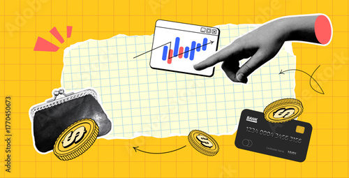 Media banner with wallet, halftone hand, graph, coins, credit card. Art Collage investment and business on the background of paper glued on tape. Concept Finance growth with vector elements and arrow