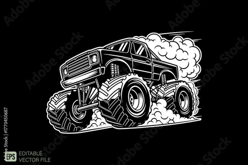 Powerful Monster Truck with Large Wheels and Smoke Engraving.