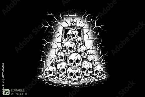 Pile of Skulls in a Dark Crypt Entrance, Macabre Art.