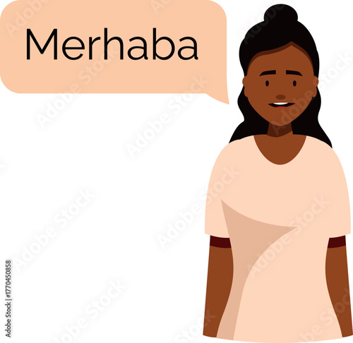 Turkish language learning concept with a smiling young woman saying hello