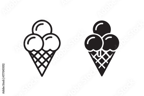 icecream cone logo style outline and solid black waffle scoop icons