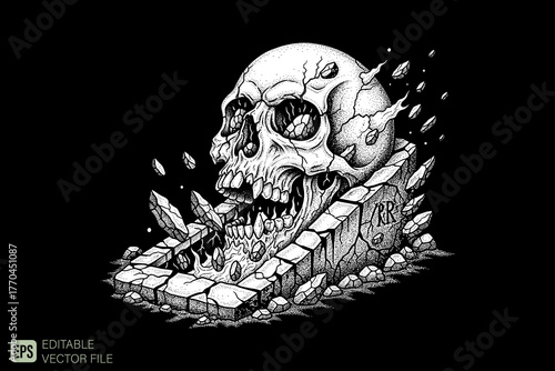 Skull emerging from broken tombstone in dark art style.
