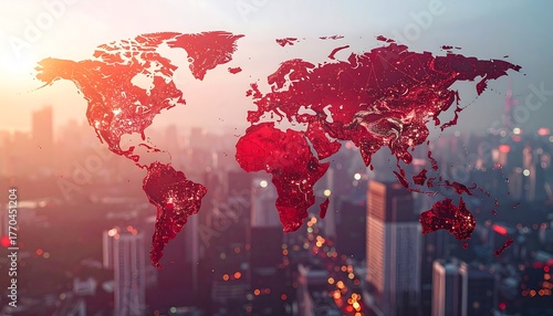 Fototapeta Naklejka Na Ścianę i Meble -  An overlayed red world map, emphasizing city lights and population density, sits above a blurry cityscape at sunset. A striking visual