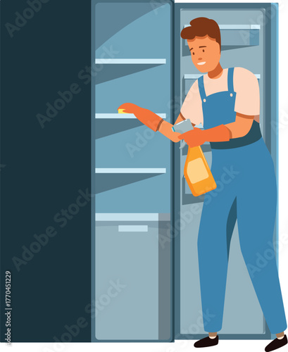 Professional cleaner washing refrigerator with detergent and rag, cleaning service, hygiene and disinfection at home