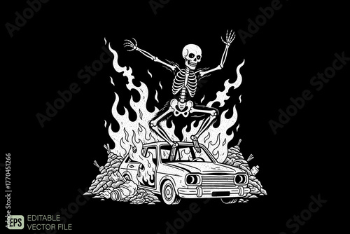 Skeleton Dancing on Burning Car with Flames and Smoke.