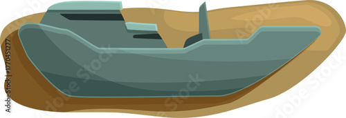 Side view of a military landing craft approaching a sandy beach, possibly during an amphibious assault operation