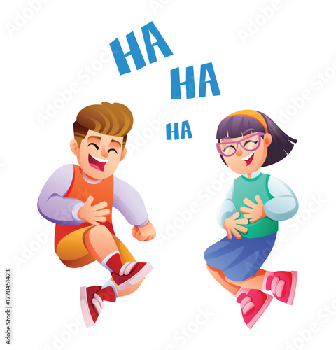 Boy and girl kids wearing glasses jumping and laughing together, expressing joy and humor with floating "HA HA" text. Vector cartoon illustration