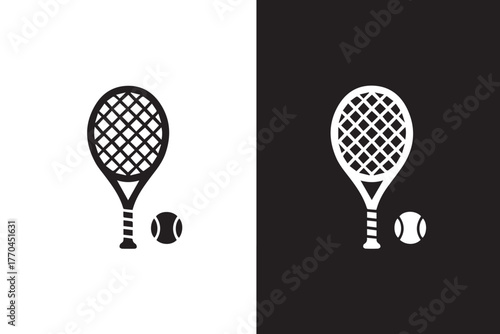 tennis double sided racket and ball contrast negative silhouette