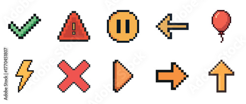 Set of colorful pixel art icons featuring arrows, symbols, and shapes