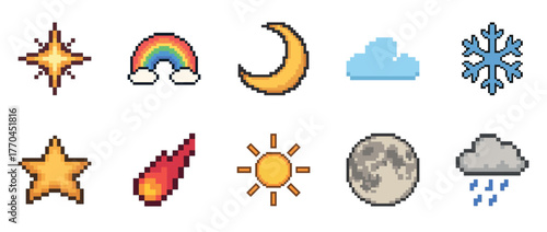 Colorful pixel art weather and celestial icons: star, rainbow, moon, cloud, snowflake, shooting star, sun, moon, rain